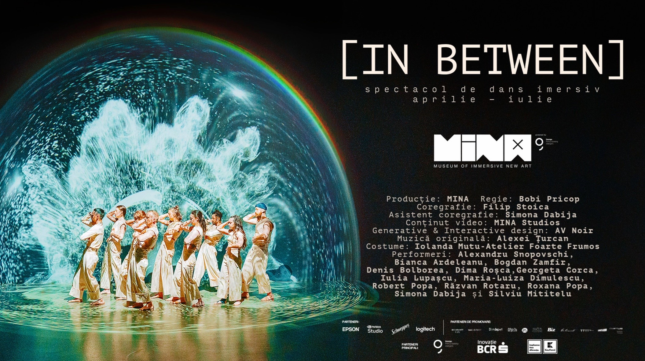 Theatrical poster for In Between, immersive dance performance with 360-degree video mapping at MINA Museum