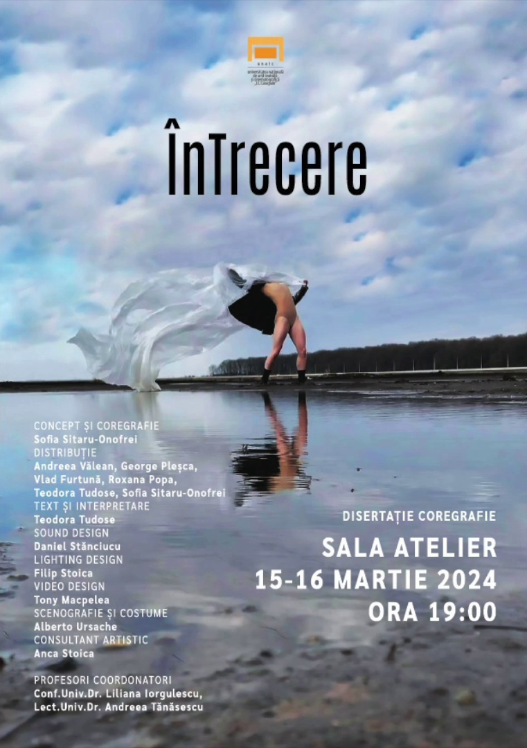 Lighting design poster for ÎnTrecere (Crossing), featuring cold blue HMI lighting and dramatic contrast exploring themes of constraint and alienation