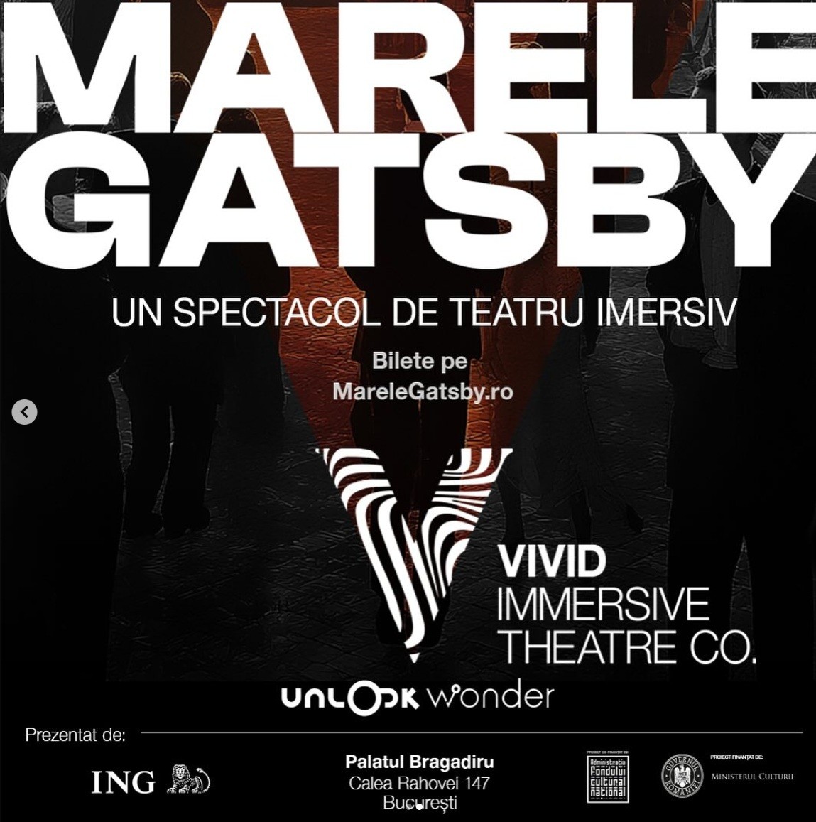 Theatrical poster for Marele Gatsby (The Great Gatsby), Romania's first large-scale immersive theatre production at Bragadiru Palace, choreographed by Filip Stoica